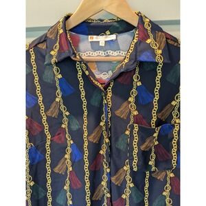 Jude Connally Women's L Button-Up Top Long‎ Sleeve Tassel & Chain Print